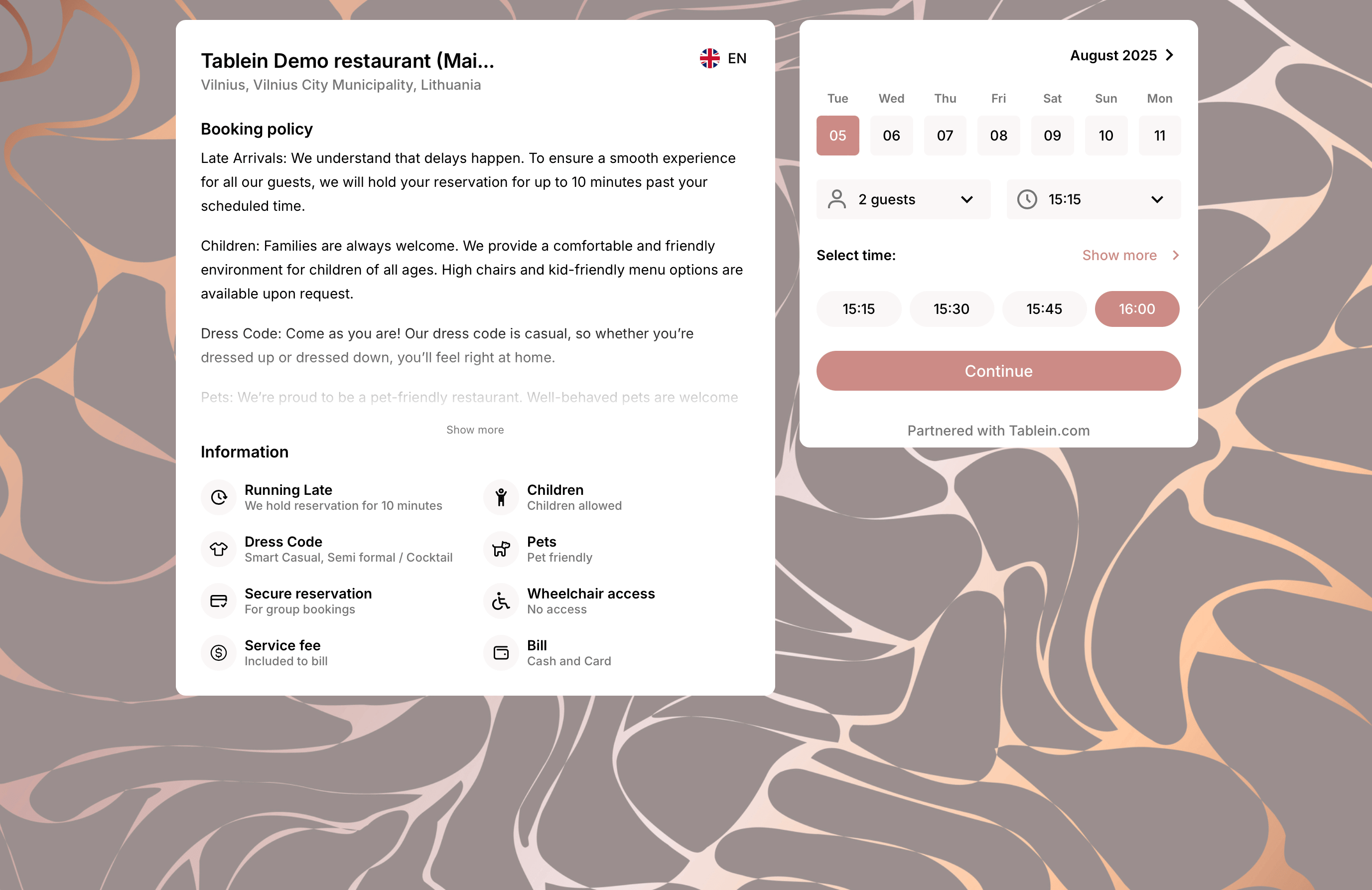 tablein customized reservation widget