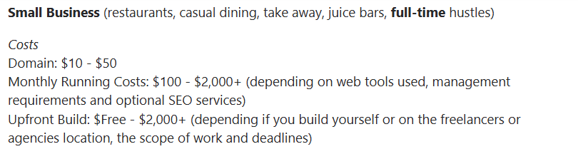 quora comment on the price of a custom website for small restaurants
