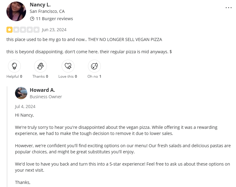 SF Hole in the Wall Pizza negative user review on Yelp