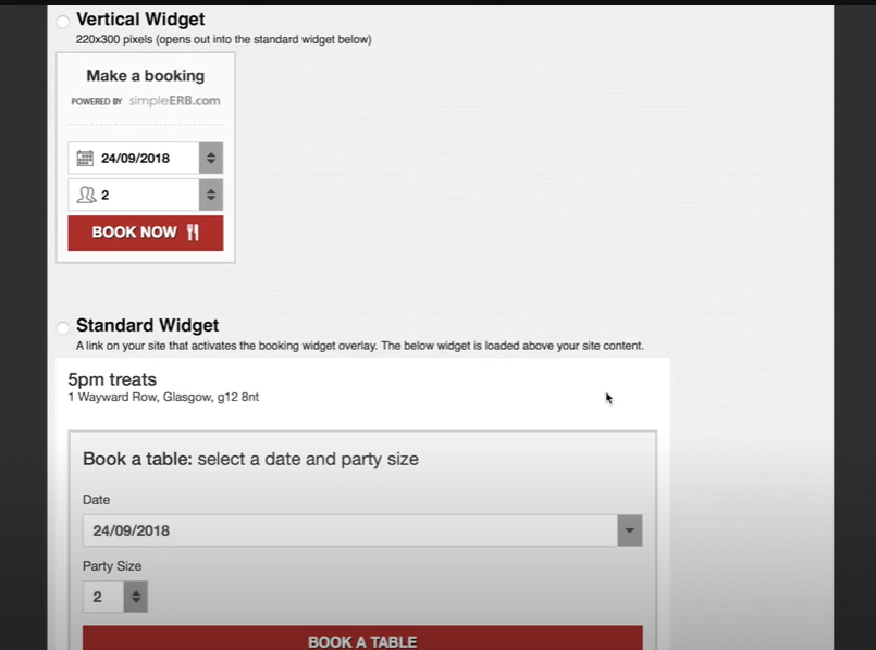 simpleerb booking widget options screenshot