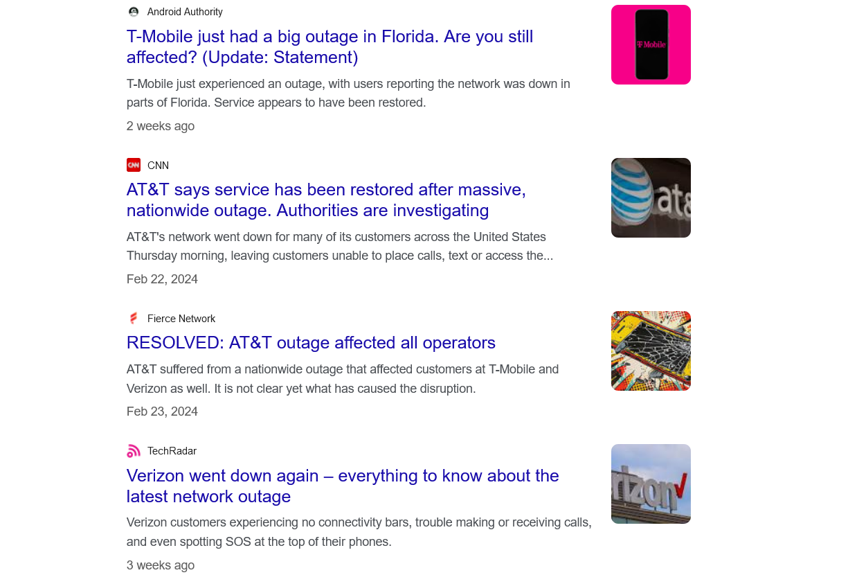 a screenshot of articles about service outages