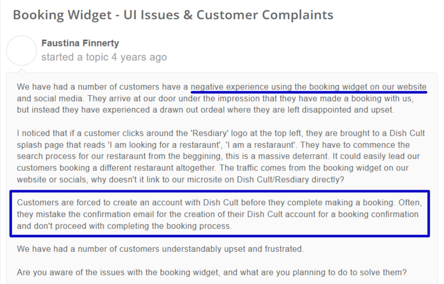screenshot of a thread from resdiary on booking widget complaints