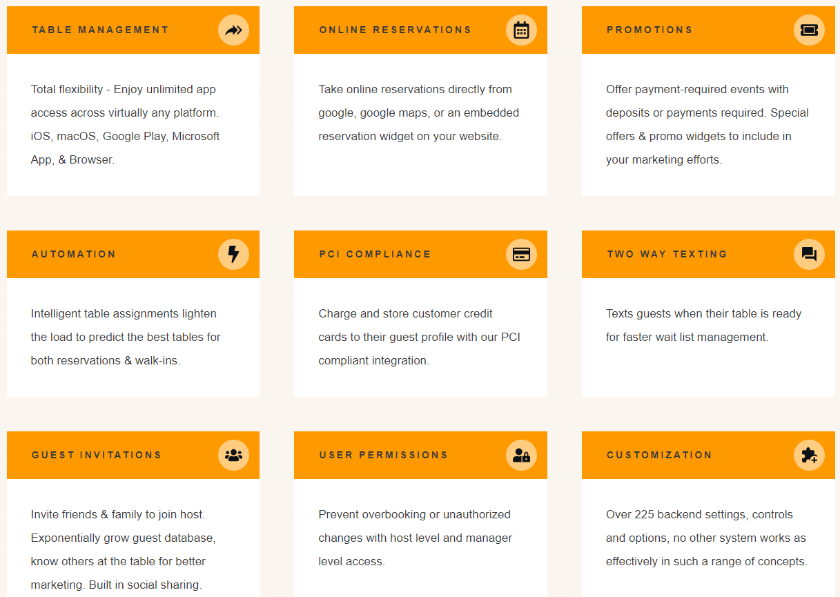 restaurantconnect features list screenshot