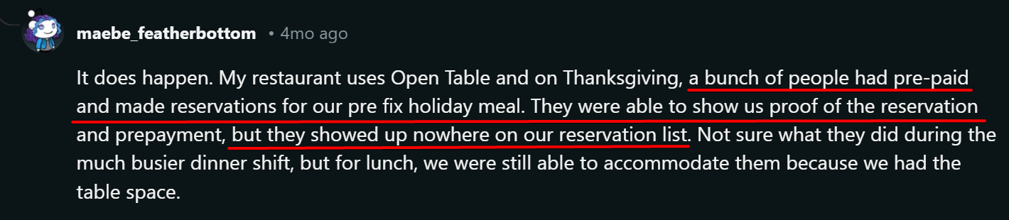 reddit comment about double booking issues at a restaurant due to software malfunction