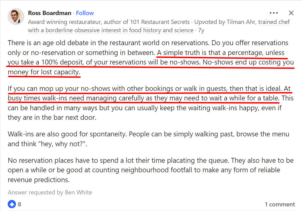 Ross Boardman, exitoso restaurador galardonado, en Quora: La verdad sobre las ausencias en su restaurante, depósito