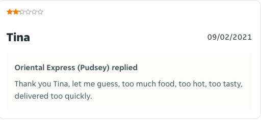 screenshot of a rude response to a restaurant customer review