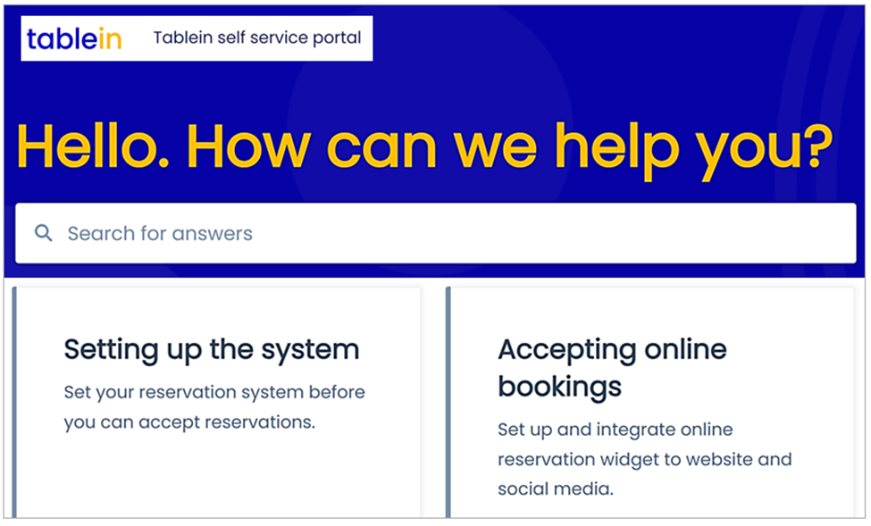 tablein self service portal screenshot