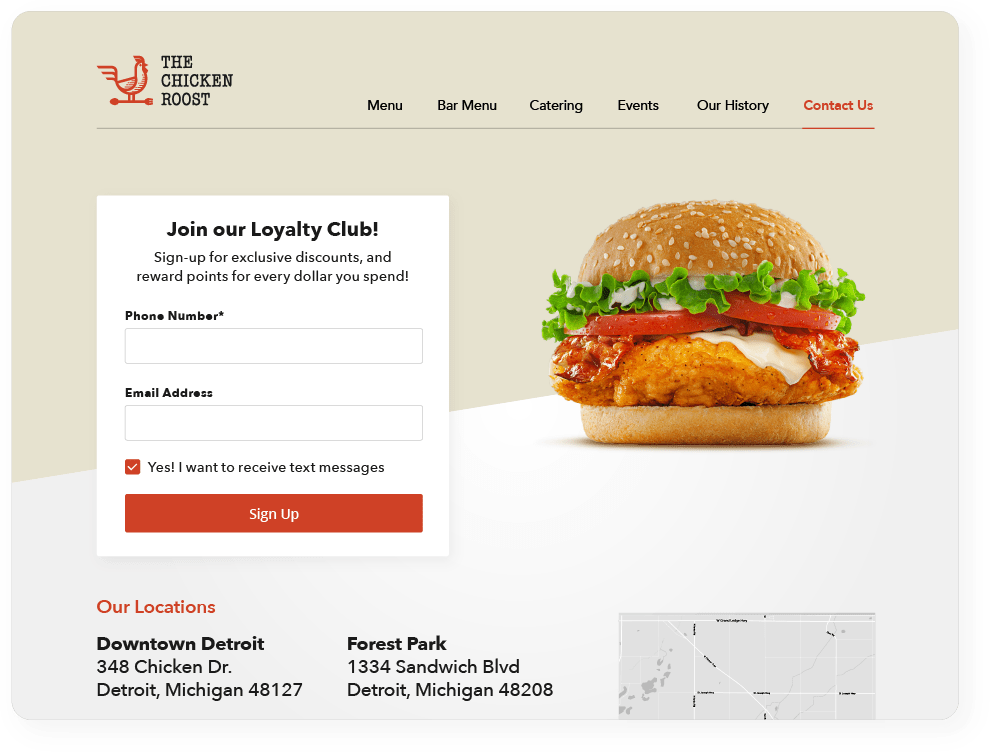 the chicken roost screenshot showing the loyalty club signup option
