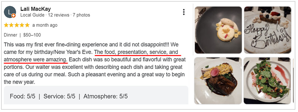 screenshot of a google restaurant review