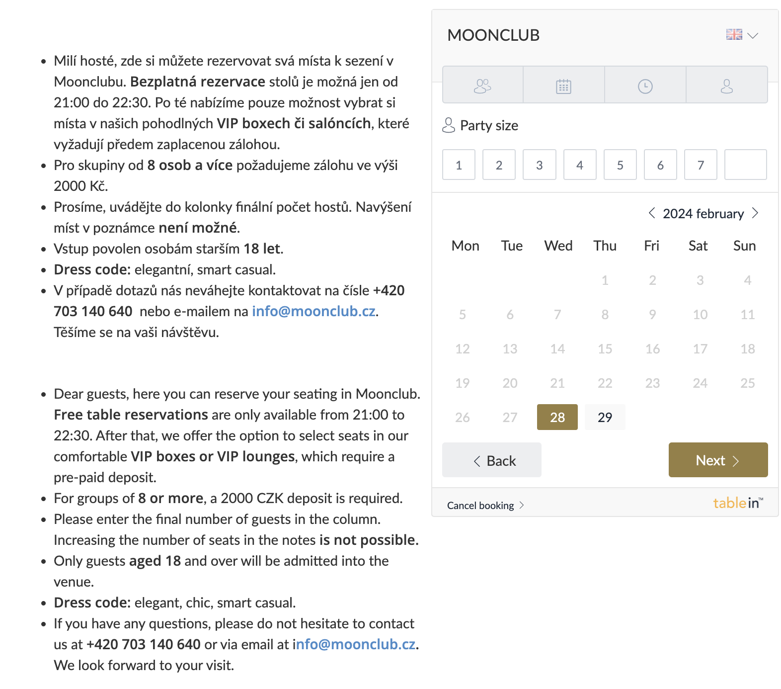 moonclub restaurant booking process screenshot