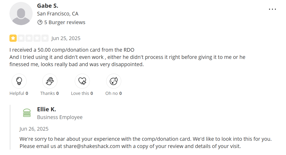 Yelp customer review of Shake Shack