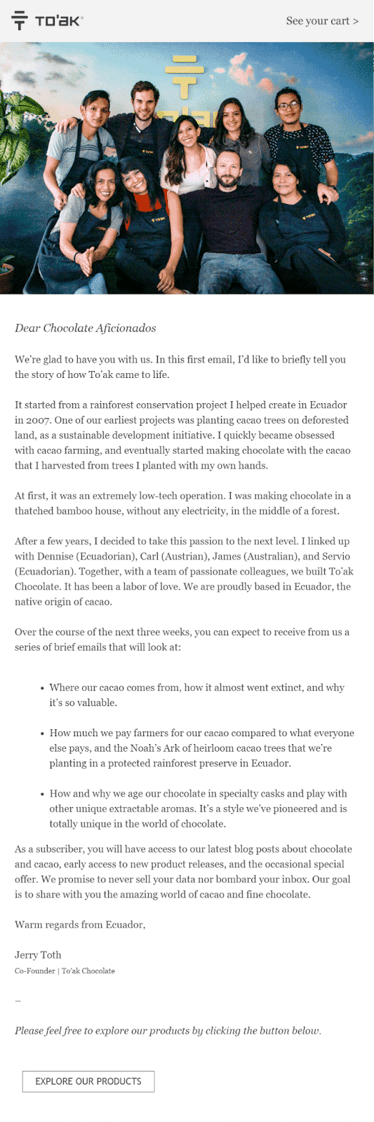 Email newsletter from Shopify store introducing brand and products