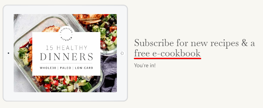 an example of an e-cookbook offer for guests who subscribe to the restaurant newsletter