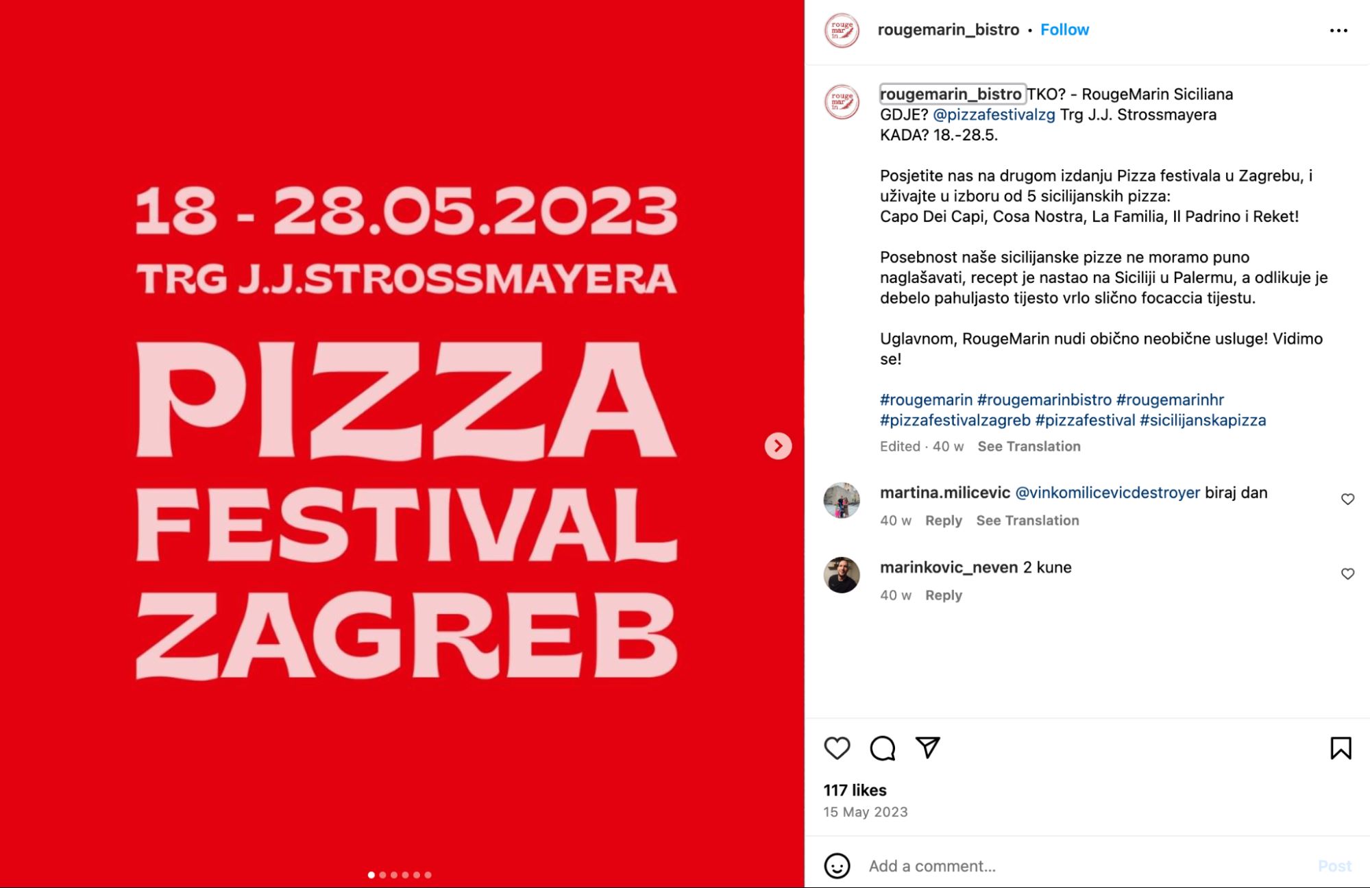 rougemarin bistro instagram post screenshot about a pizza festival in zagreb