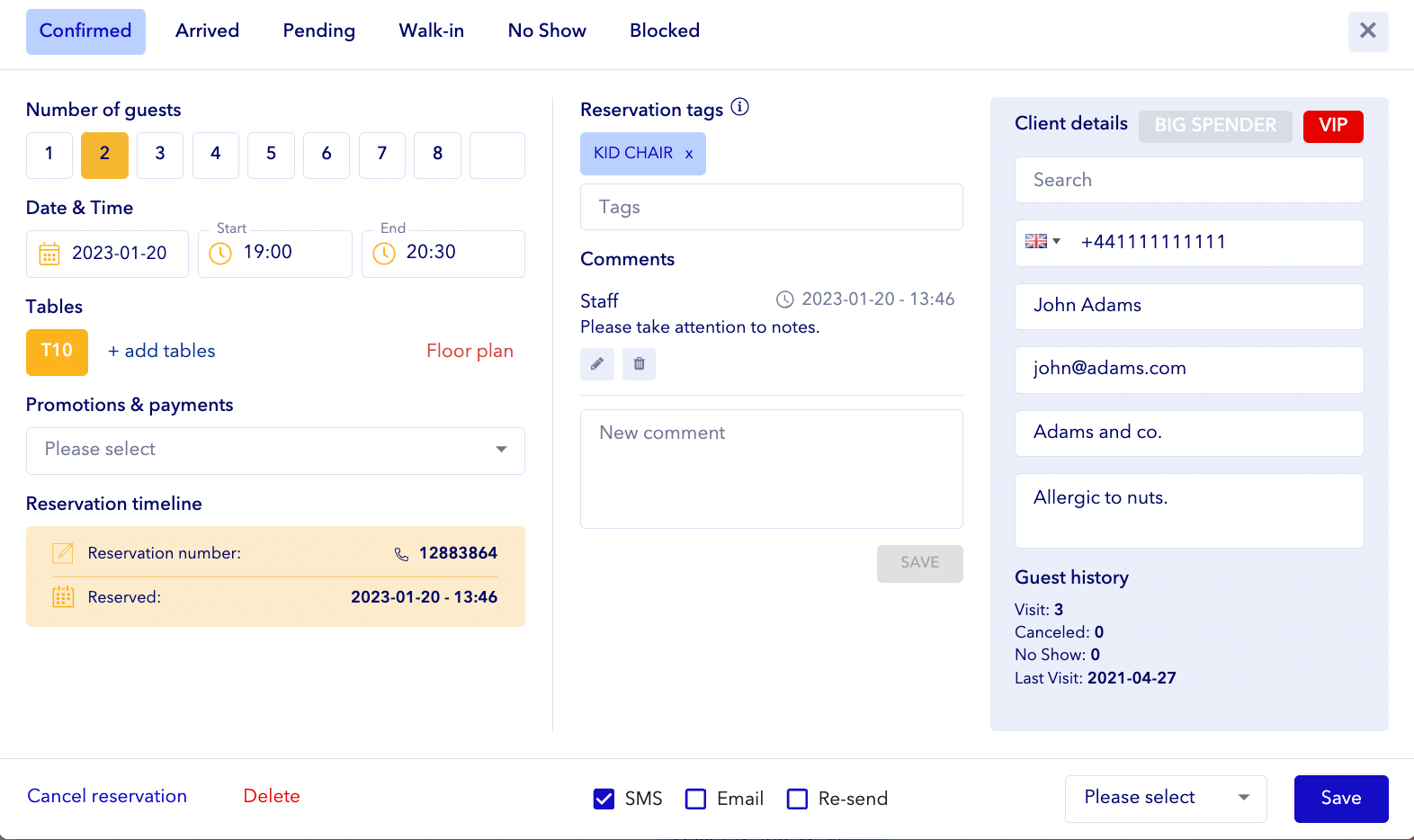 tablein reservation screen