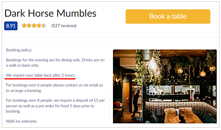 dark horse mumbles restaurant reservation policy screenshot