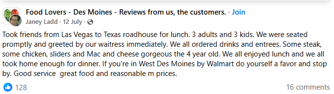 screenshot of a facebook post about texas roadhouse