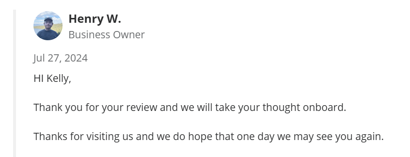 Shake Shack reply to customer review on Yelp