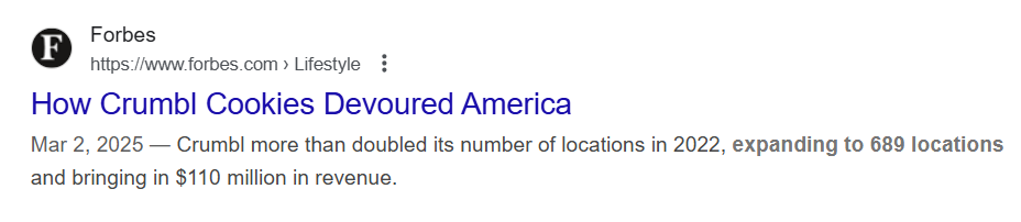 screenshot of a news article on crumbl cookies