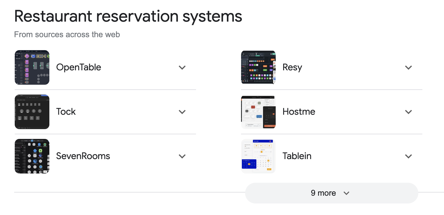 a screenshot listing various restaurant reservation systems