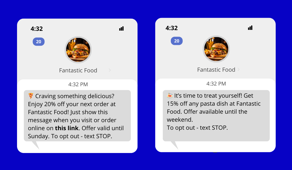 example of restaurant sms messages with and without a cta