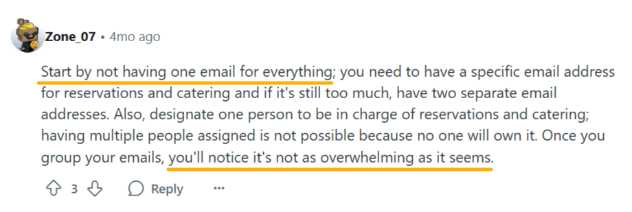 reddit comment about the importance of not having one email for all restaurant activities