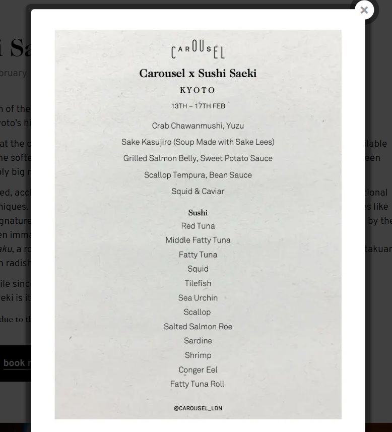 screenshot of a limited time menu for a guest chef