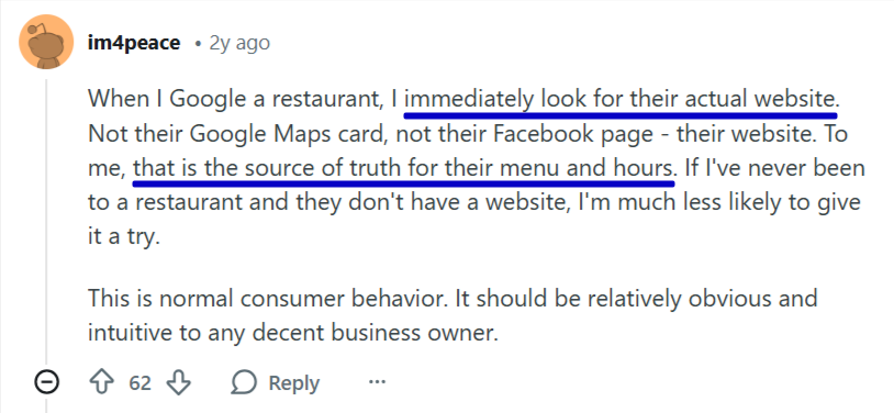 screenshot of a reddit comment about how restaurant websites are important to guests