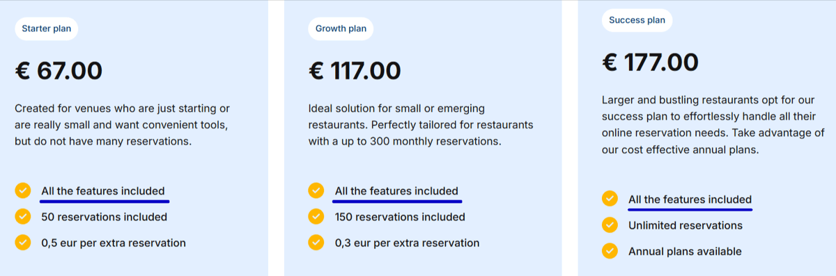 Tablein pricing plans
