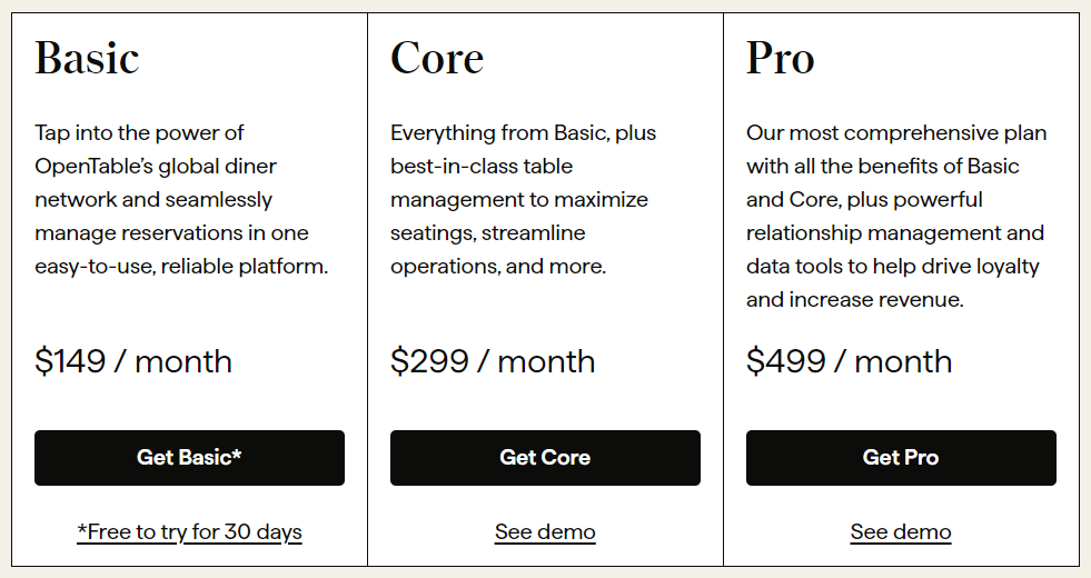 opentable plans and pricing screenshot