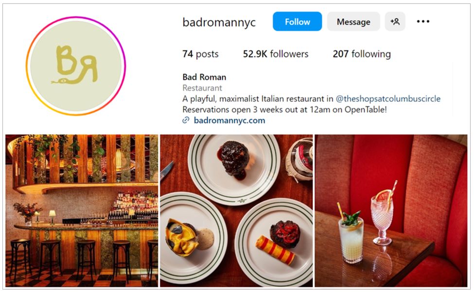 bad roman restaurant instagram page screenshot