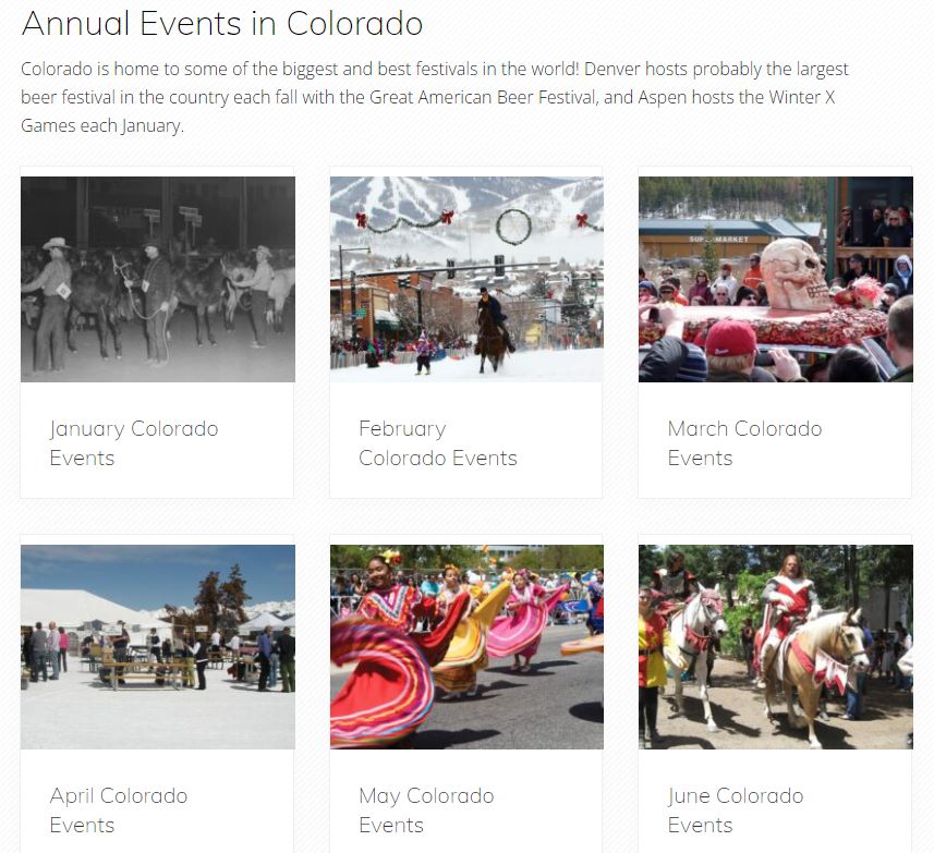 a screenshot showing the annual events held in Colorado