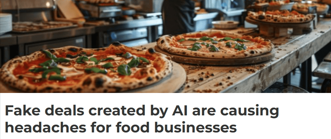 screenshot of a news article on a fake restaurant deal created by ai