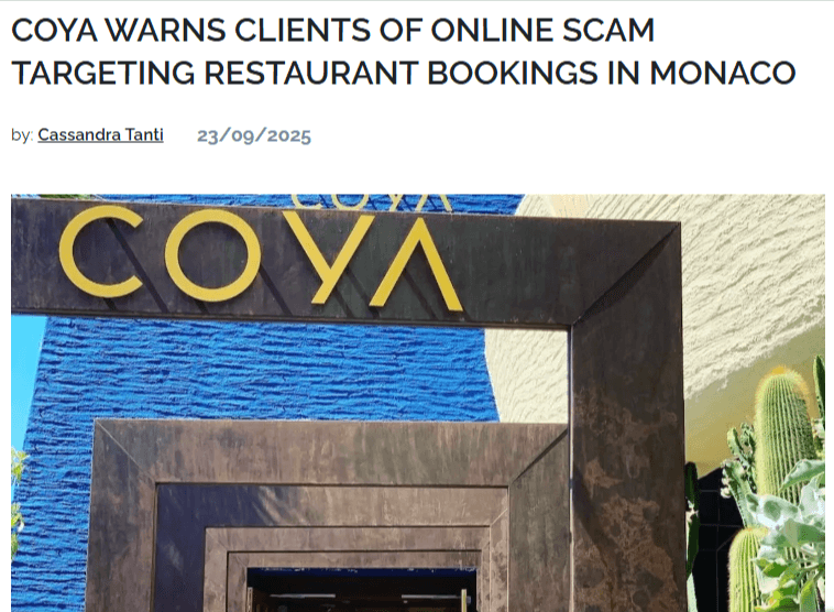 screenshot of a news headline about a restaurant whose guests were victims of an email scam