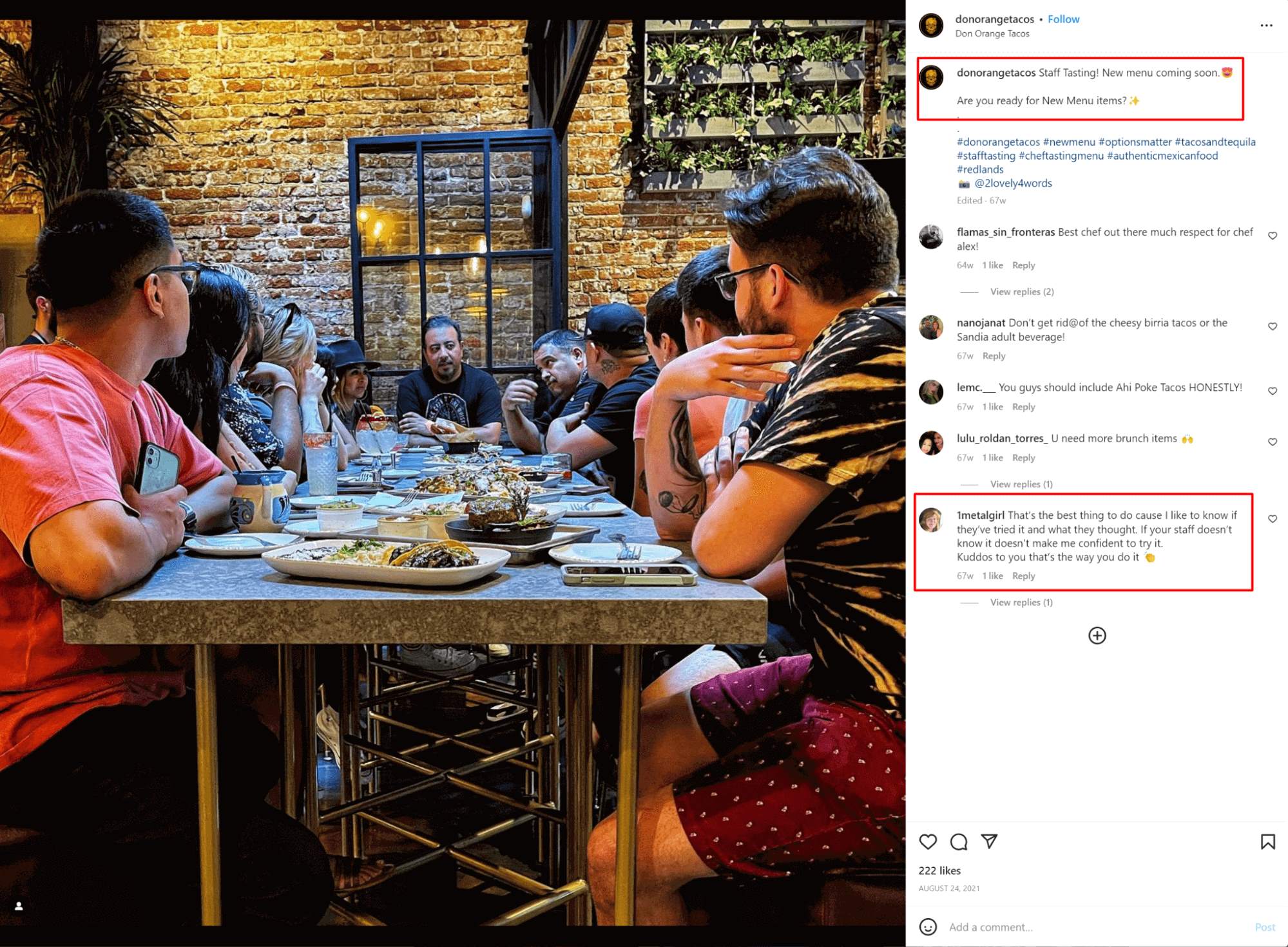 Don Orange Tacos de California en Instagram, el personal prueba el nuevo menú para recomendarlo a los clientes del restaurante