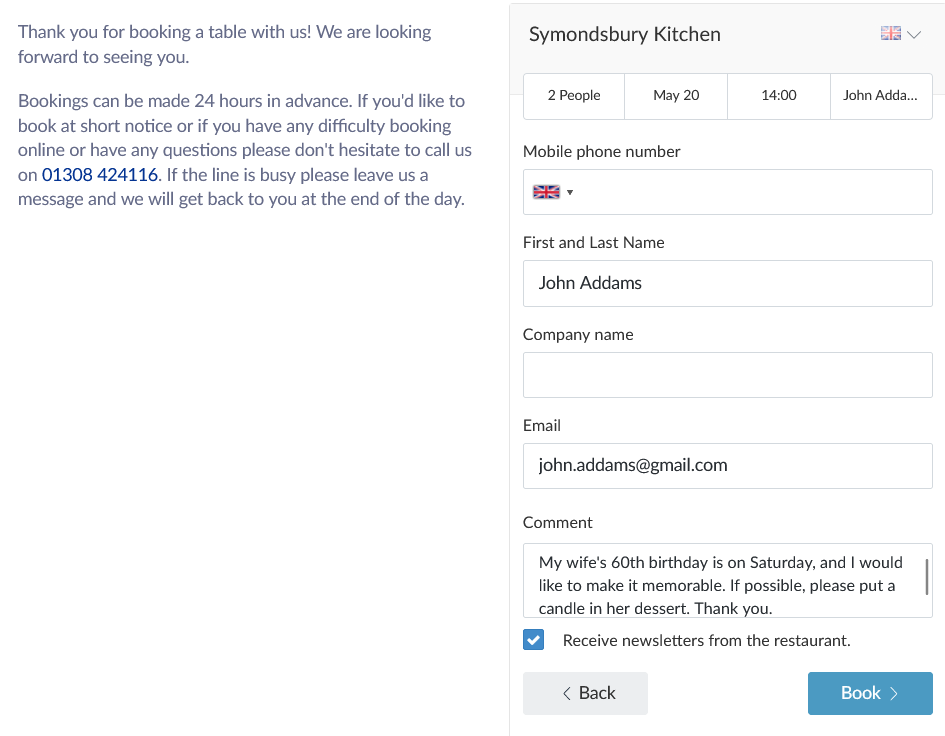 Tablein booking system for small restaurants, booking a table