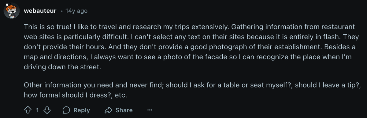 Reddit user comment on restaurant research