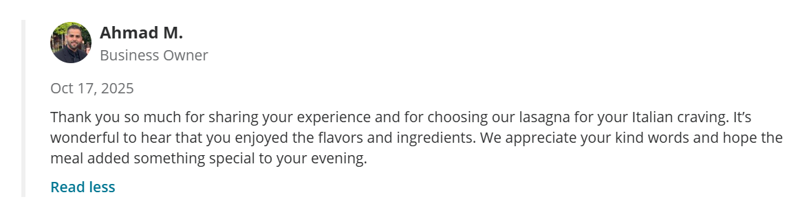 Business owner reply to a customer review on Yelp