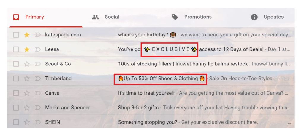 screenshot of an email inbox with email subject lines higlighted