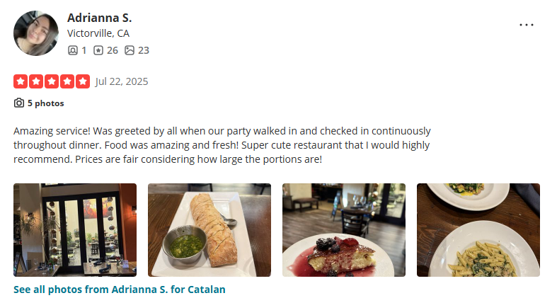 Customer review on Yelp