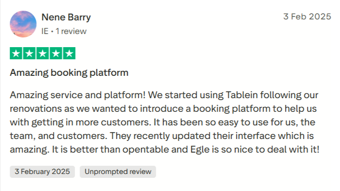 Tablein review on Trustpillot