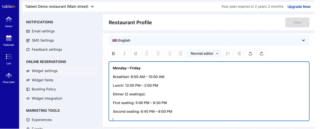tablein restaurant profile screenshot