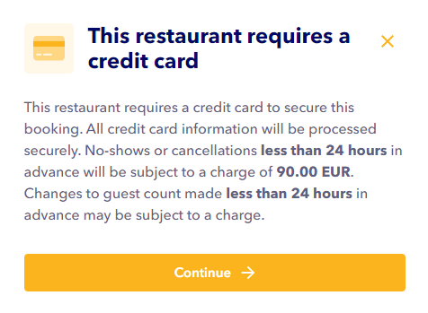 tablein reservation deposit popup screenshot