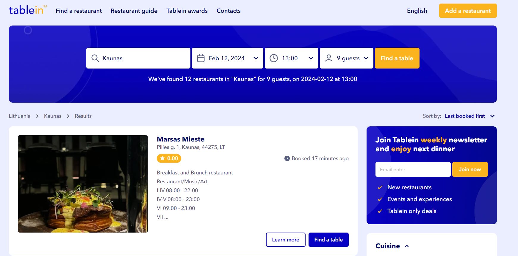 tablein listings search screenshot