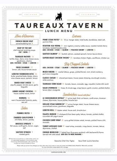 Taureaux Tavern menu screenshot