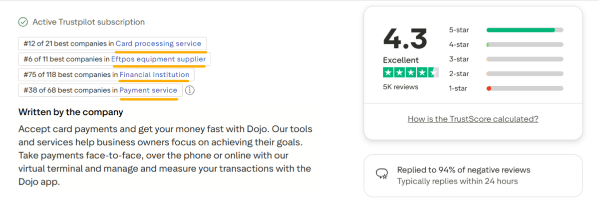 Dojo rating on Trustpilot