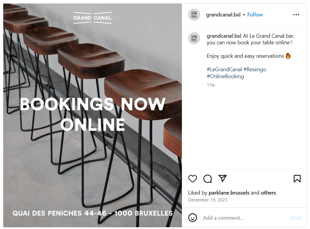screenshot of an instagram post annoucing online bookings for a restaurant