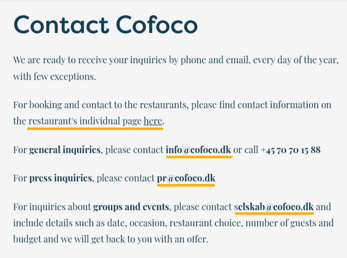 cofoco restaurant contact page screenshot