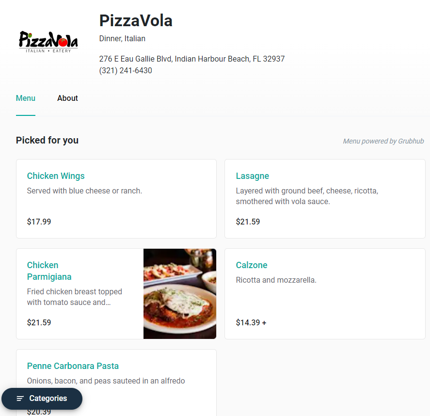 screenshot of pizzavola restaurant on menupages