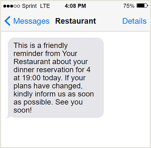 tablein sms reservation reminder screenshot